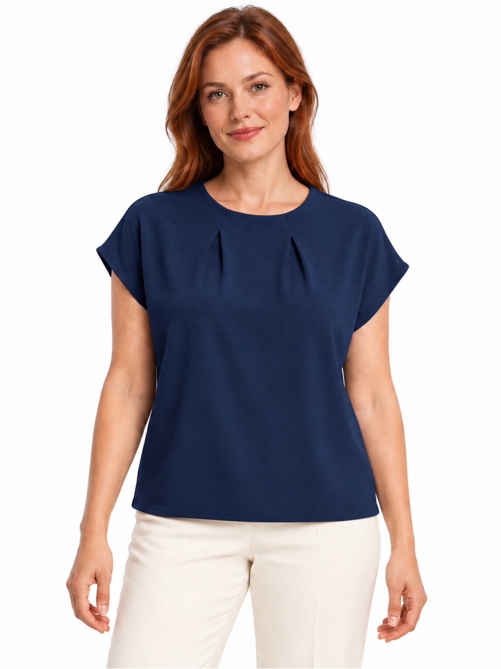 Simons Navy Short Sleeve Pleat-Front Blouse